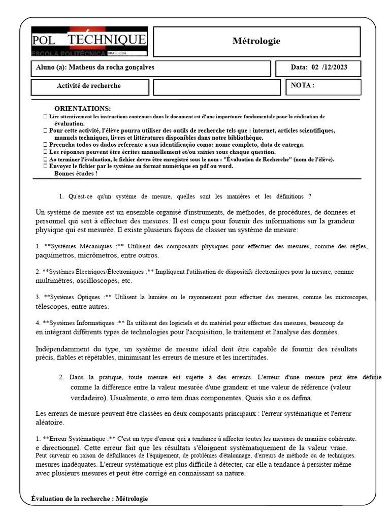 Introduction à la Métrologie et Mesures | PDF | Erreur de mesure ...