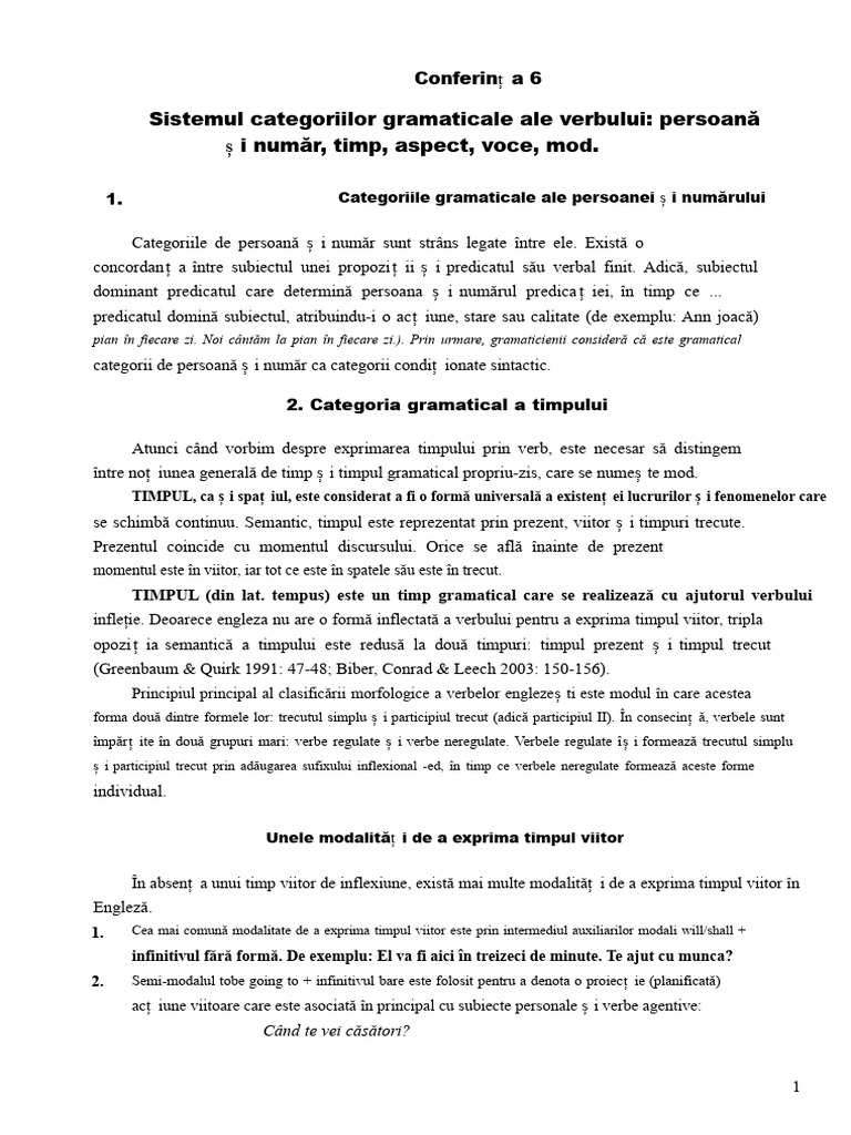 Sistemul Categoriilor Gramaticale Ale Verbului: Persoană I Număr, Timp ...