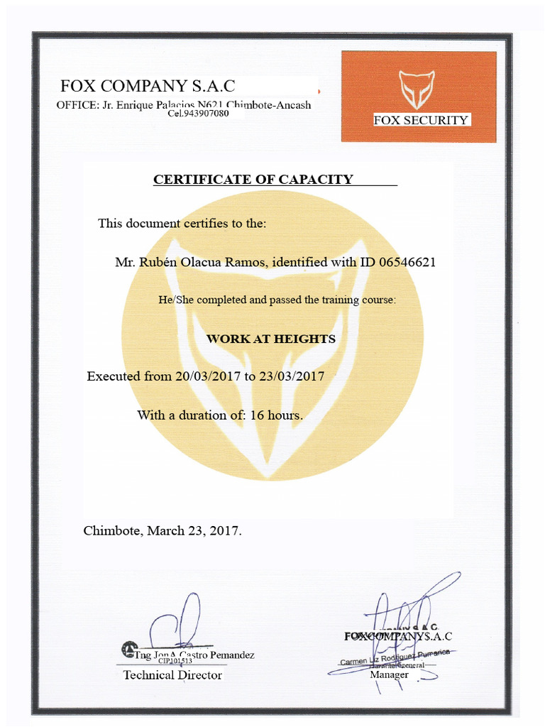 Certificate of Capacity: Work at Heights | PDF
