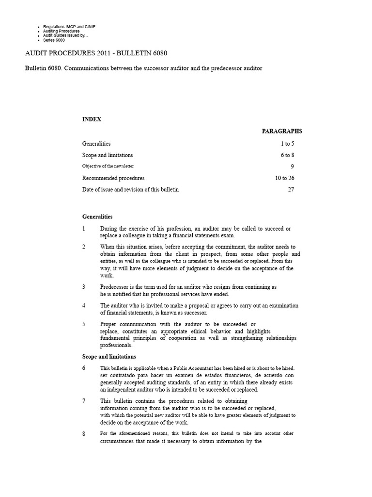 Bulletin 6080 Communications between the successor auditor and the ...