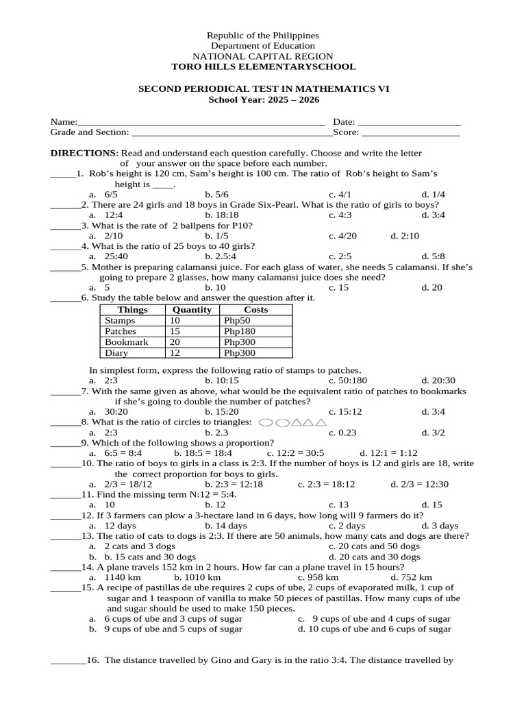 Math VI Periodical Test 2025-2026 | PDF | Elementary Mathematics ...