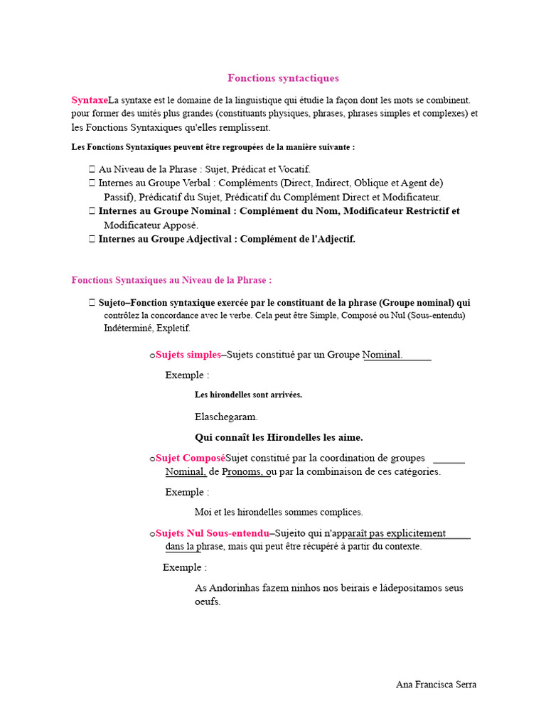 Guide des Fonctions Syntaxiques en Linguistique | PDF | Phrase | Sujet ...