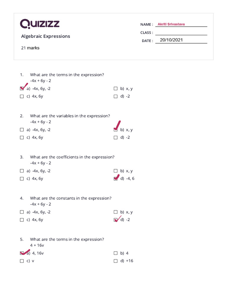 Formative Algebraic Expressions | PDF | Variable (Mathematics) | Chess ...