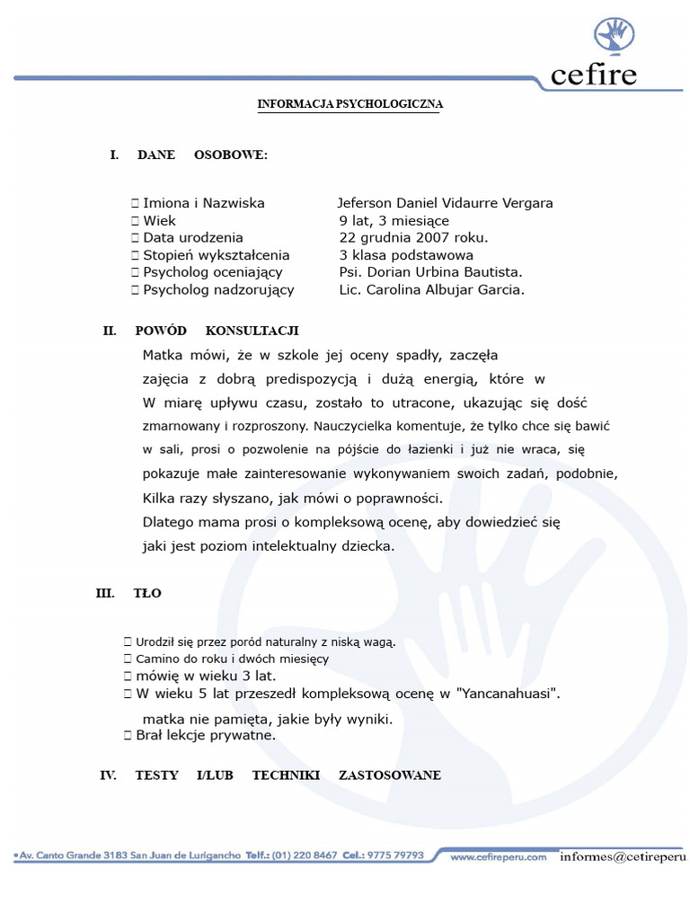 Informacja Psychologiczna Jefferson Daniel Vidaure | PDF