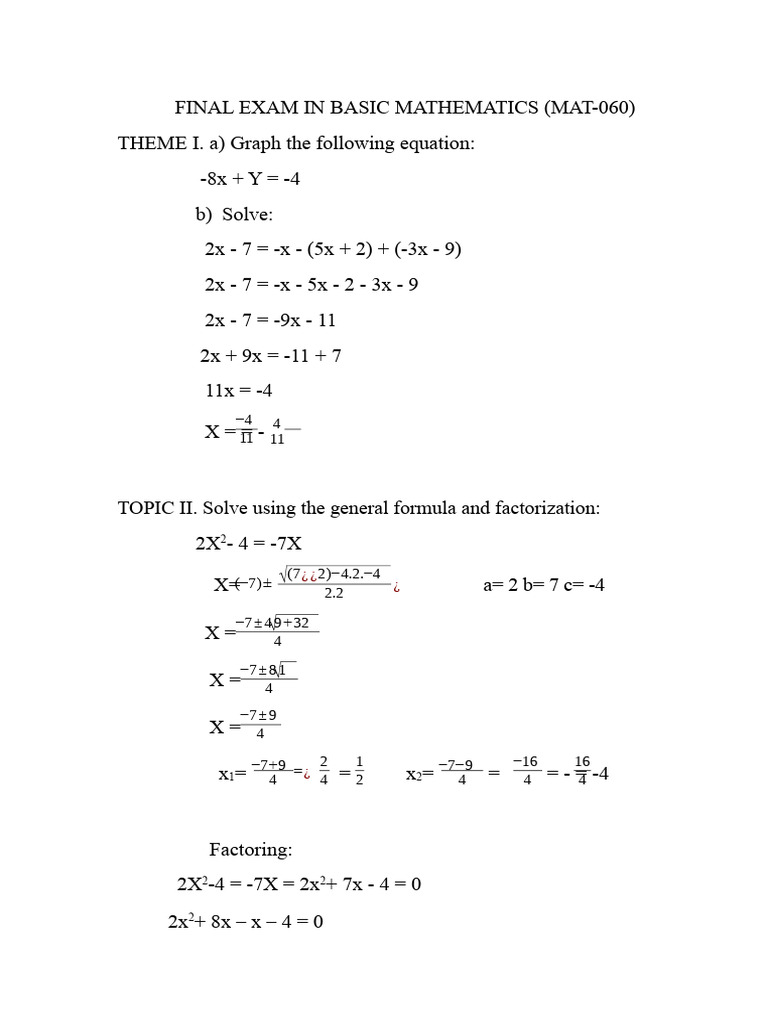 Basic Mathematics Final Exam Solutions | PDF | Factorization | Equations