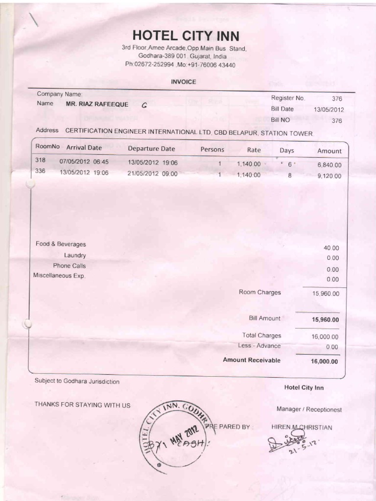 Hotel City Inn Invoice Format | PDF