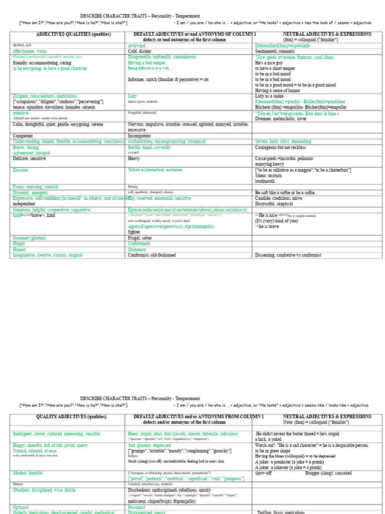 Adjectives Qualities Defects Character Physical | PDF