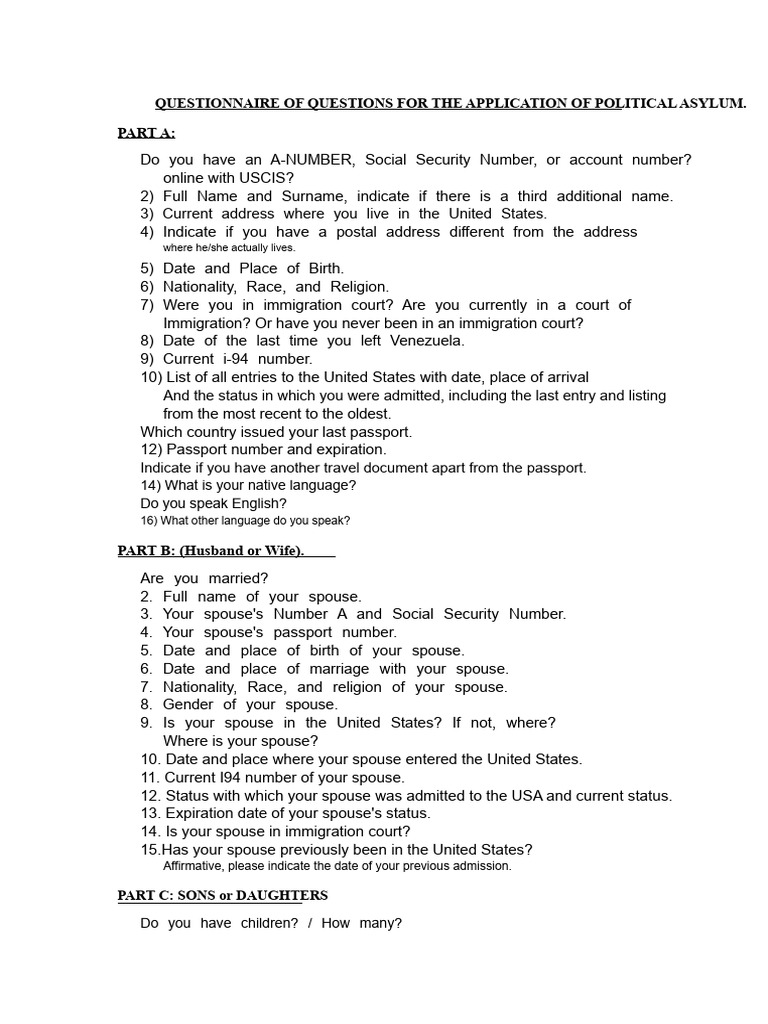 Political Asylum Application Questionnaire | PDF | Right Of Asylum | Family