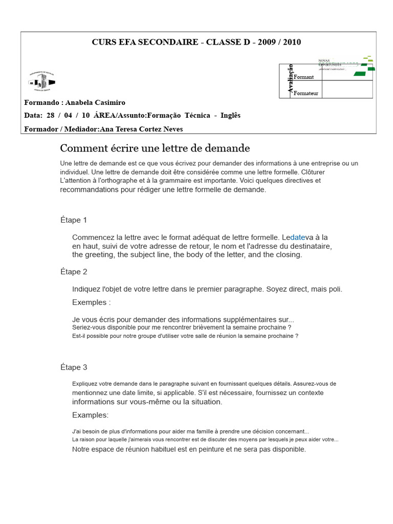 Guide pour rédiger une lettre de demande | PDF
