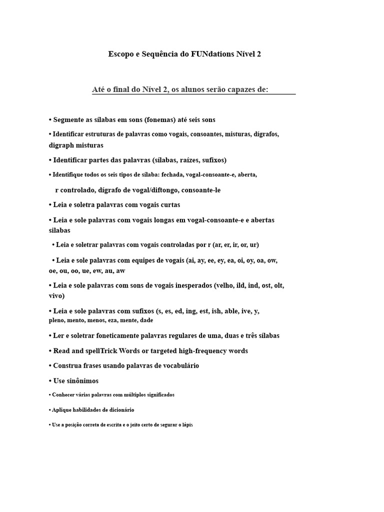 FUNdations Nível 2: Habilidades de Leitura e Escrita | PDF | Vogal | Sílaba