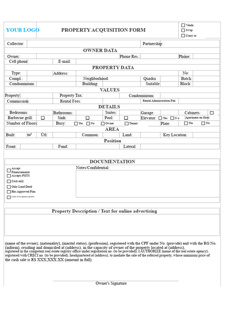 Property Acquisition Form Template | PDF | Condominium | Real Property Law