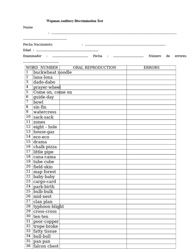 Wepman Auditory Discrimination Test | PDF