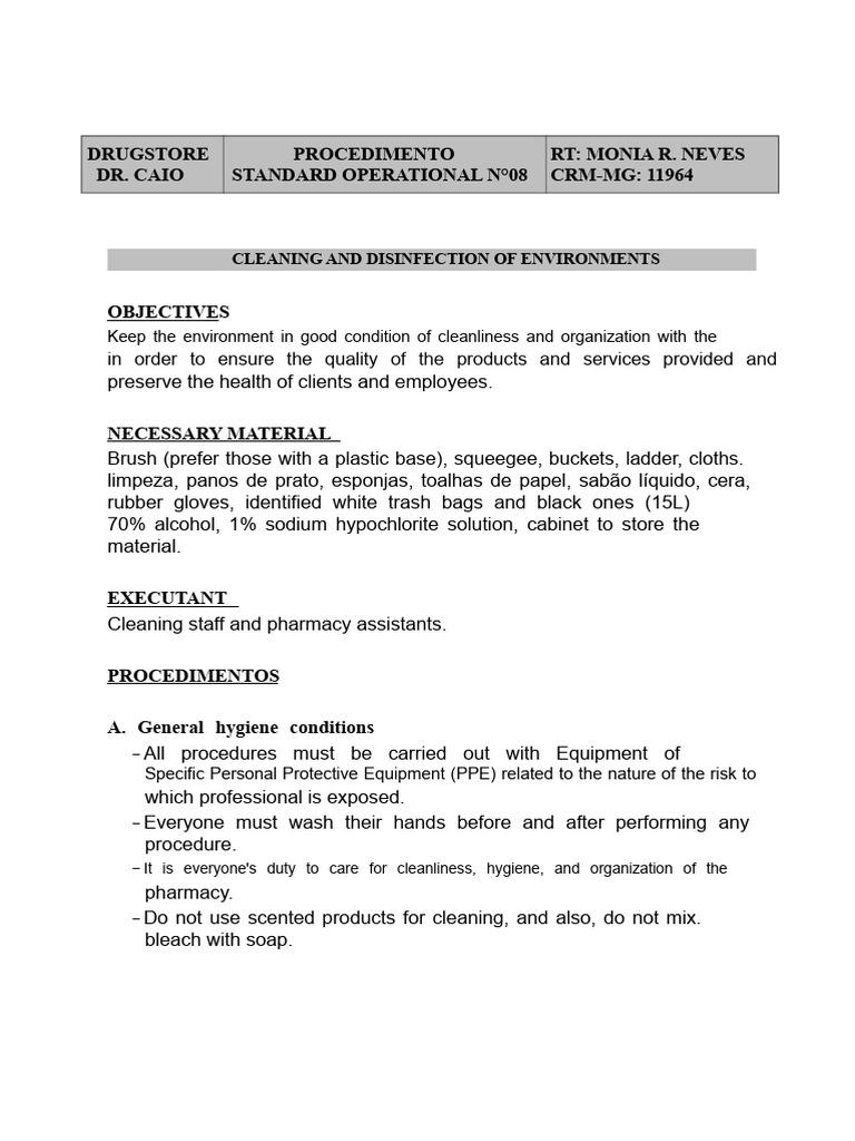 Pharmacy Cleaning Procedures Guide | PDF | Bleach | Disinfectant