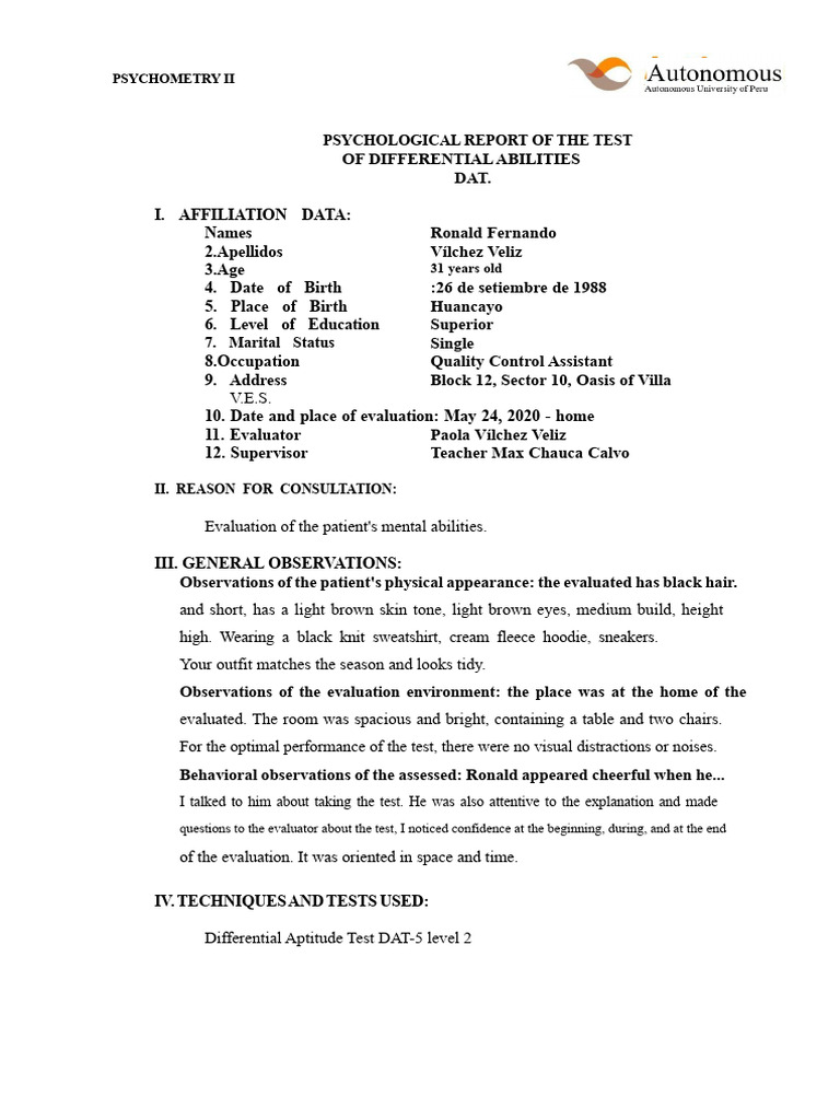 Psychometric Evaluation Report for Ronald | PDF | Psychology ...