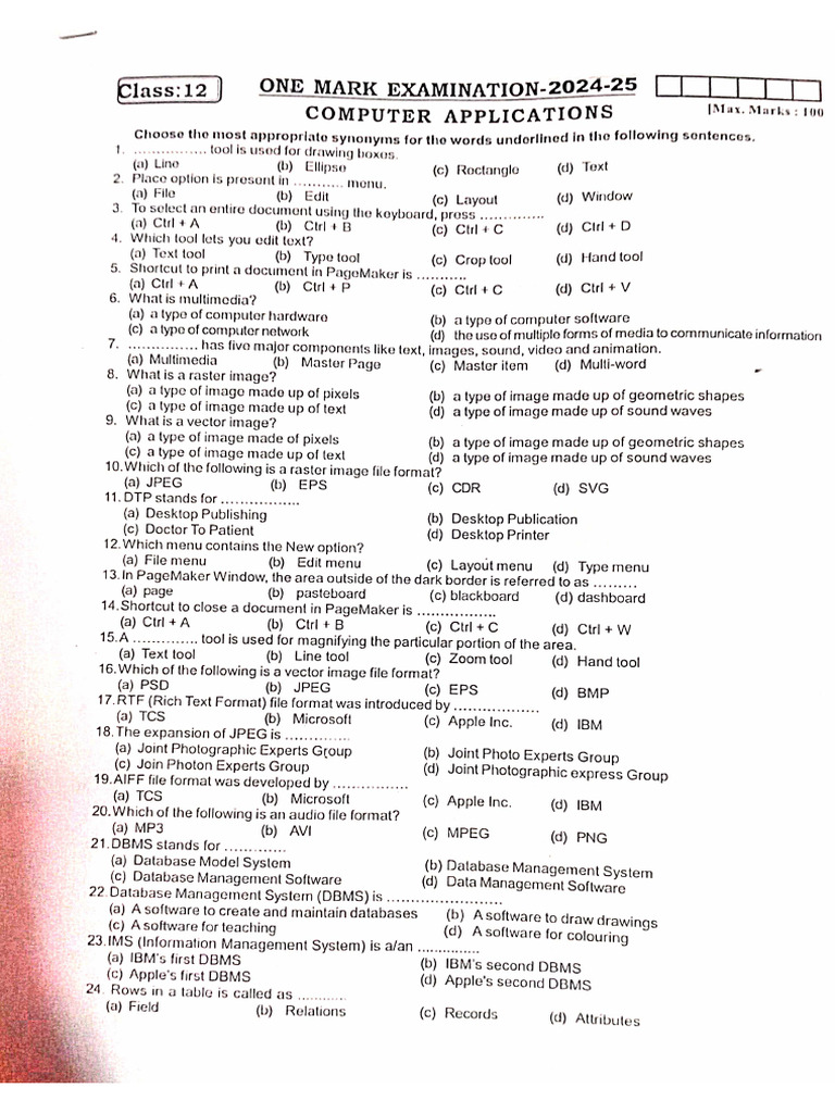 12 STD Computer Application ONE MARK 2024 2025 | PDF