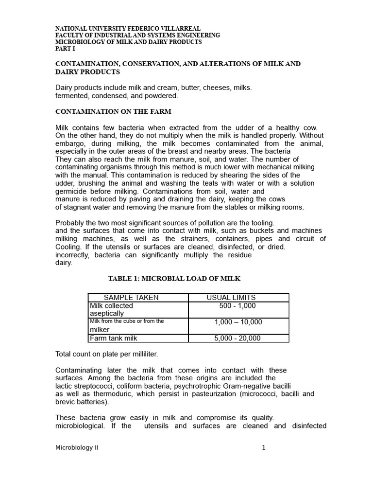 Microbiology of Milk Contamination & Conservation | PDF | Milk | Bacteria
