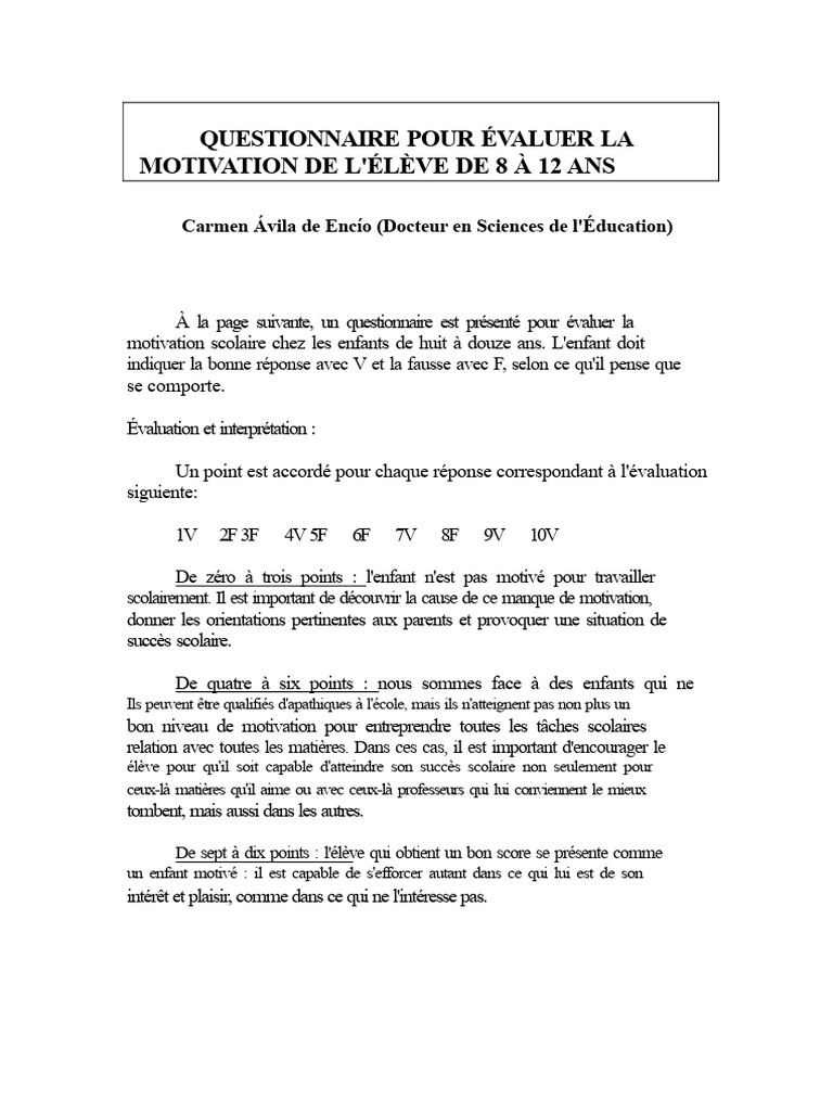 Évaluation de la motivation scolaire 8-12 ans | PDF | Motivation | Motivant