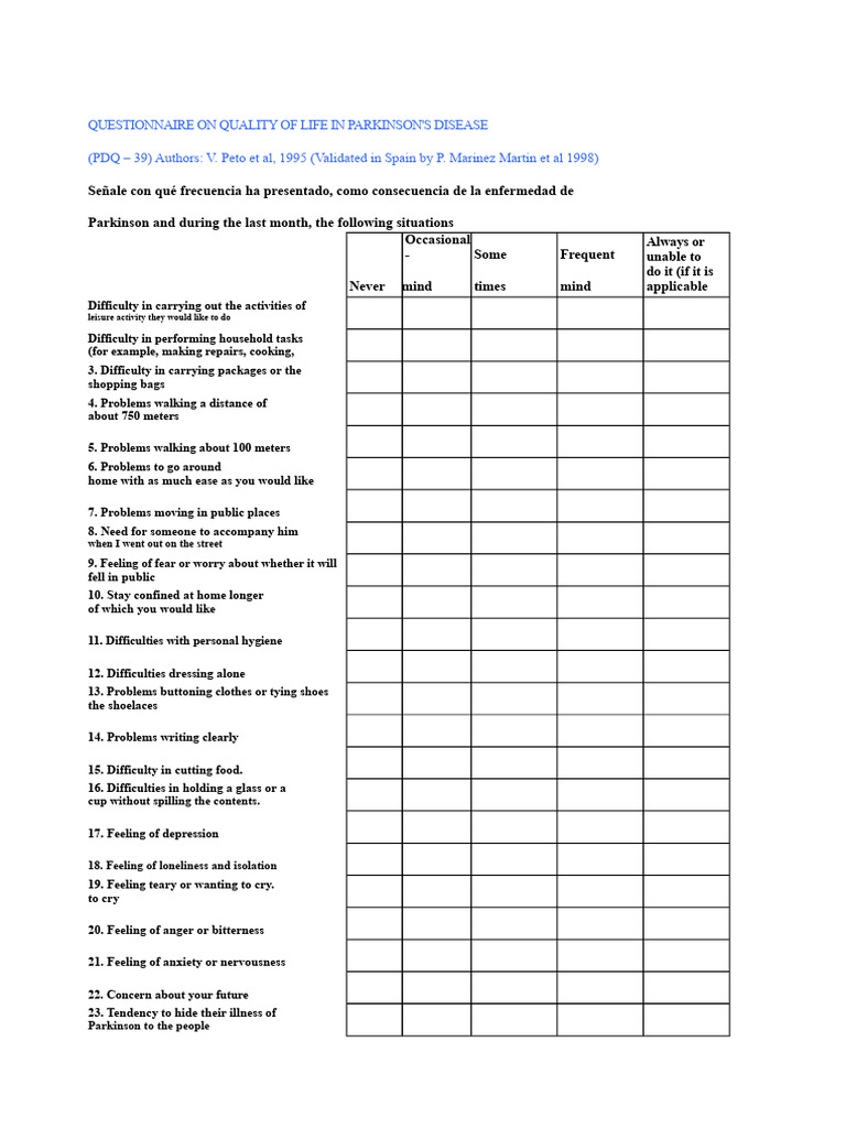 Parkinson's Disease Quality of Life Questionnaire Pdq-39 | PDF ...