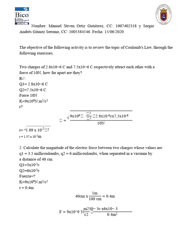 Coulomb's Law Exercises and Solutions | PDF | Force | Physical Phenomena