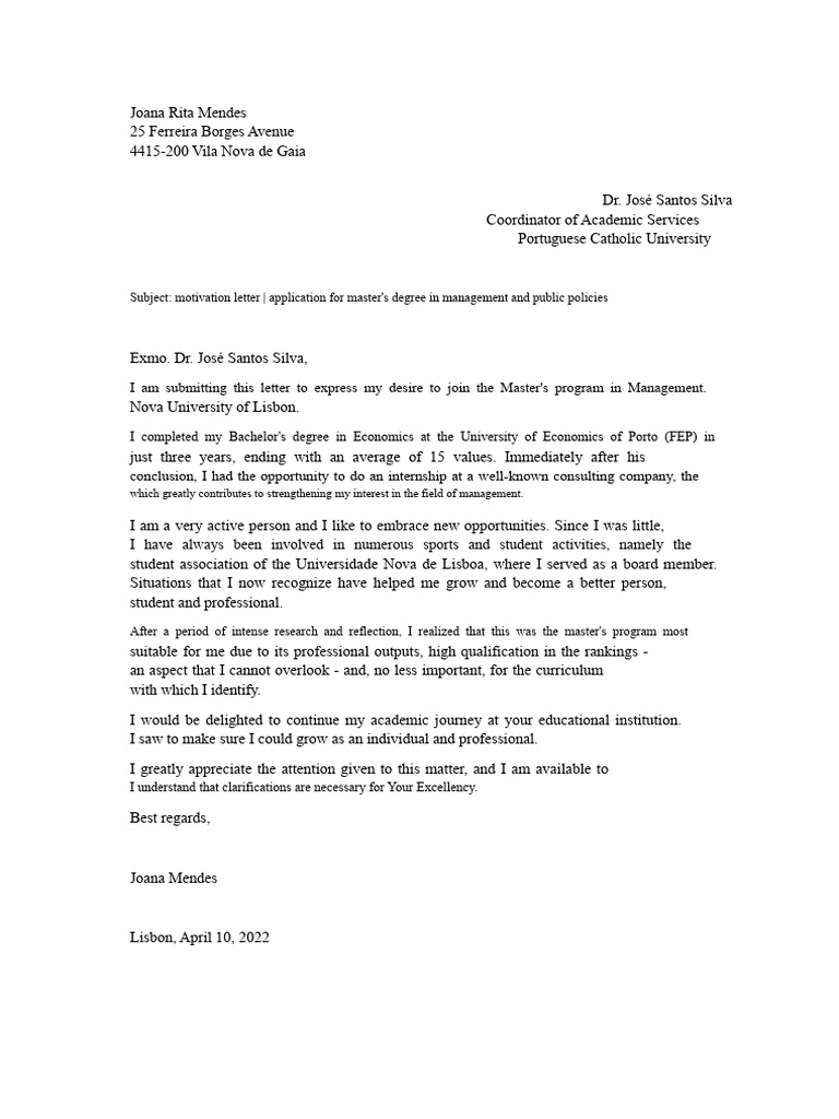 Master's Application Motivation Letter | PDF