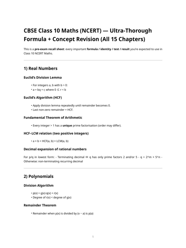 CBSE Class 10 Maths Formula Revision | PDF | Factorization | Mathematics