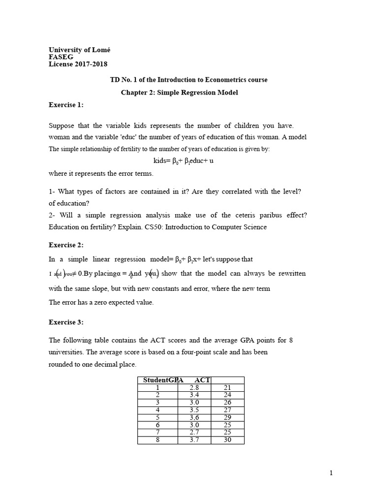 Econometrics Exercises: Regression Models | PDF | Linear Regression ...