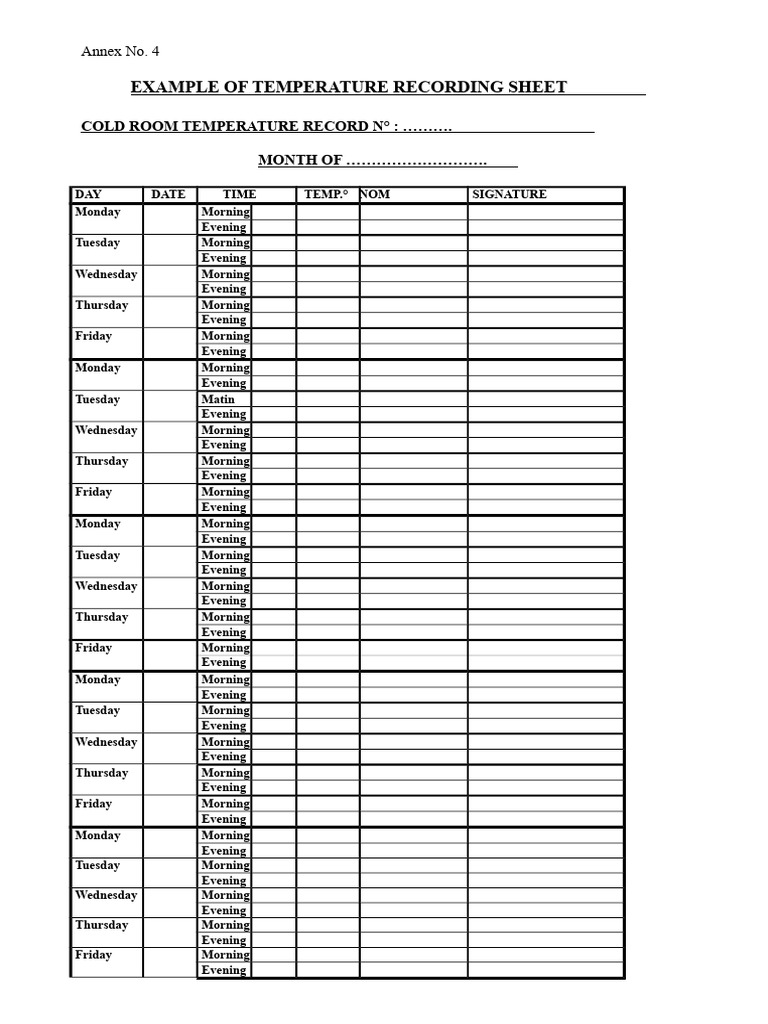 Cold Room Temperature Log Template | PDF
