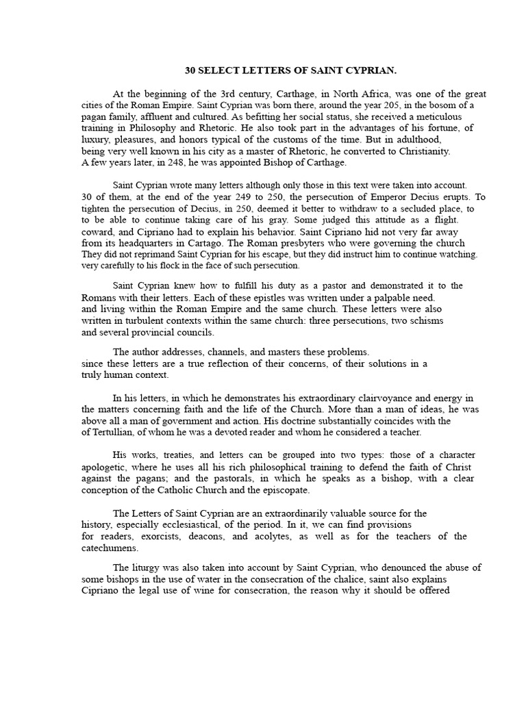Saint Cyprian's 30 Selected Letters | PDF | Baptism | Penance