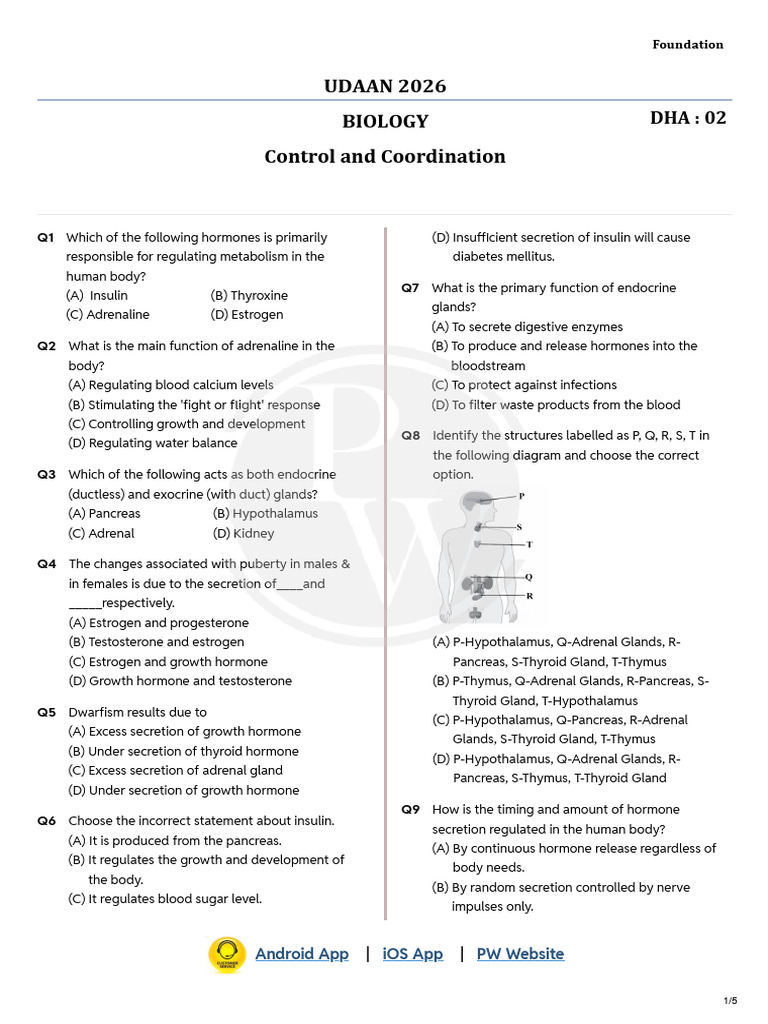 Control and Coordination - DHA 02 | PDF | Hormone | Endocrine System