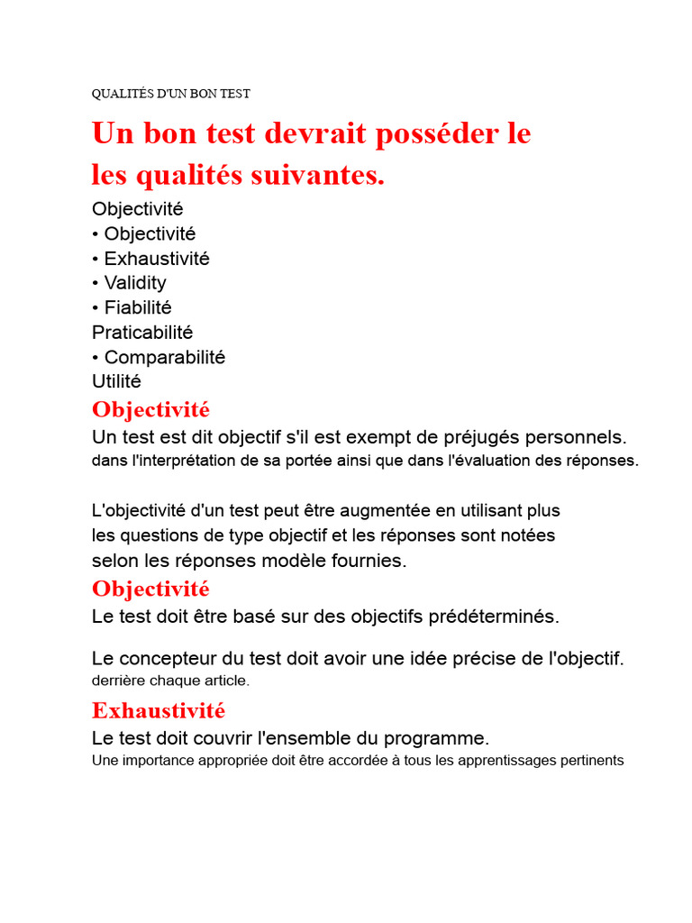 Qualités Essentielles d'un Bon Test | PDF