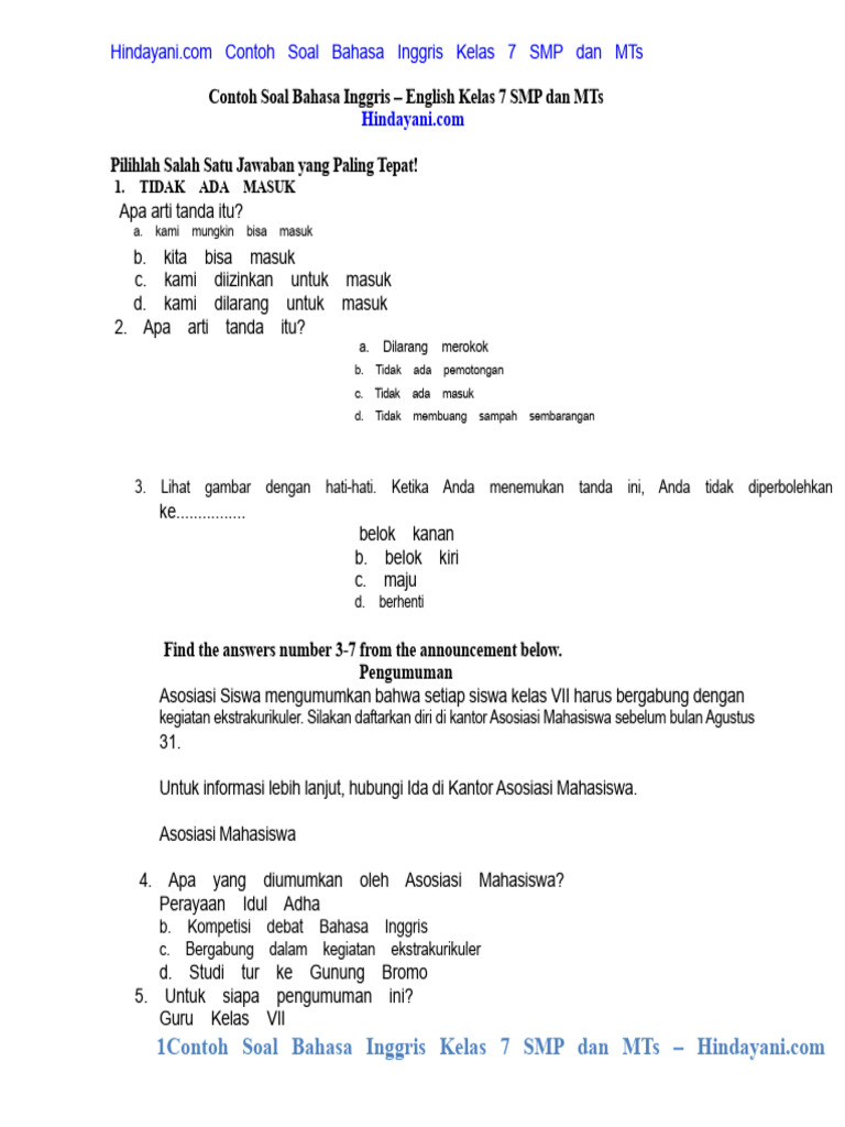 Soal Bahasa Inggris Kelas 7 SMP dan MTs | PDF