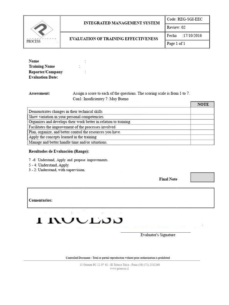 Training Effectiveness Evaluation Form | PDF