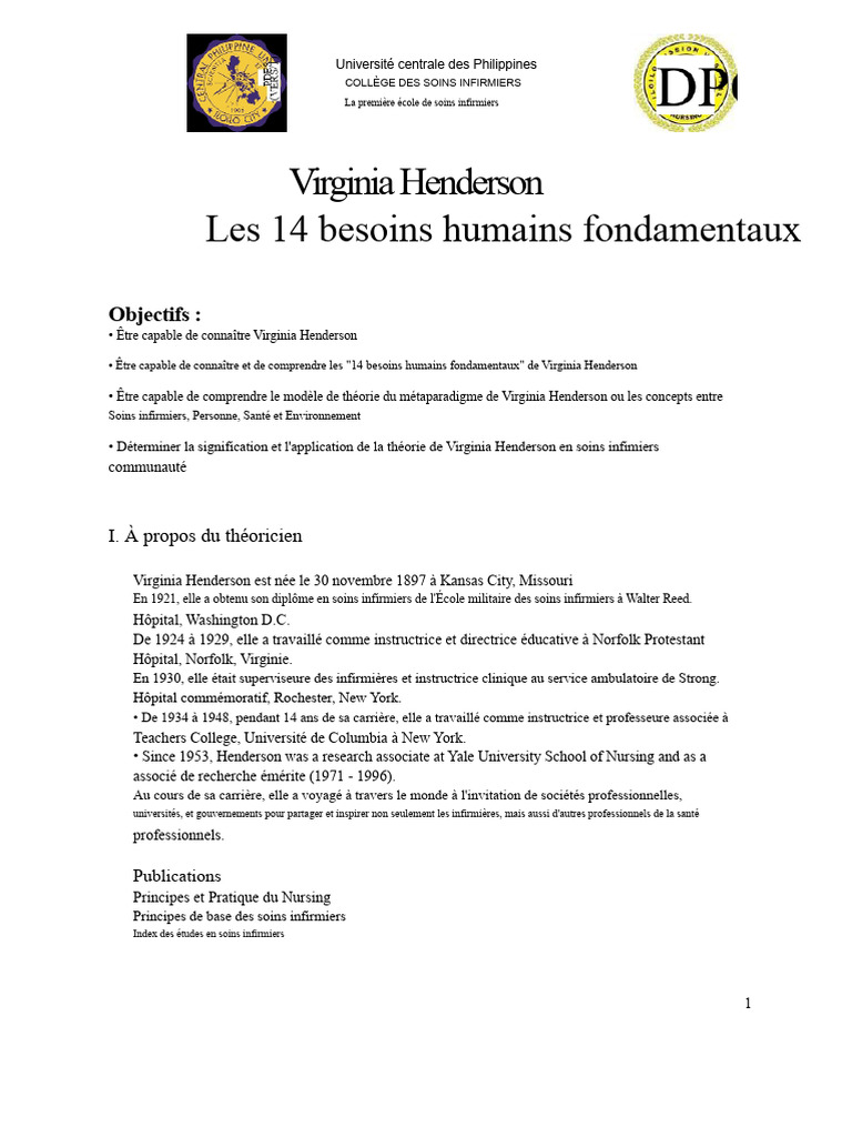 14 Besoins Humains de Virginia Henderson | PDF | Allaitement | Soins de ...