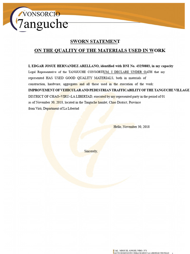 Sworn Statement on Material Quality | PDF