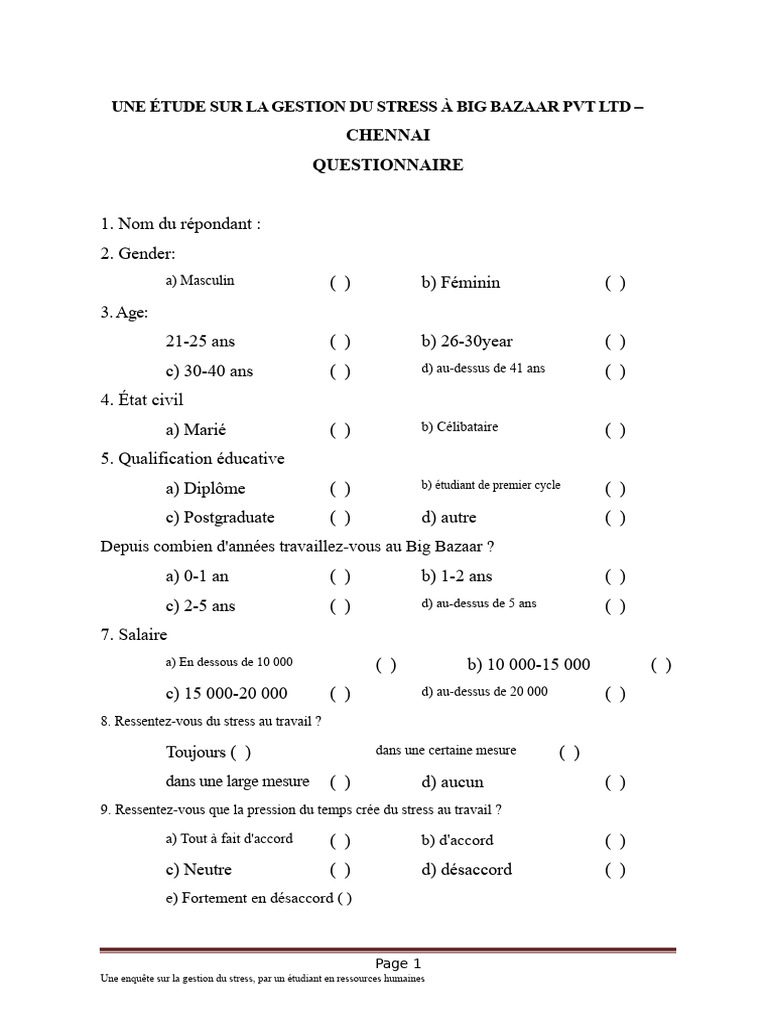 Nouveau Questionnaire | PDF | Gestion des ressources humaines | Stress ...