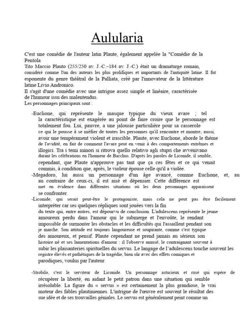 Aulularia : Comédie de Plaute sur l'avidité | PDF | Comédie