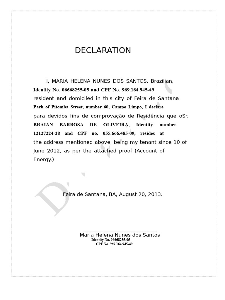 Tenant Residence Declaration Document | PDF