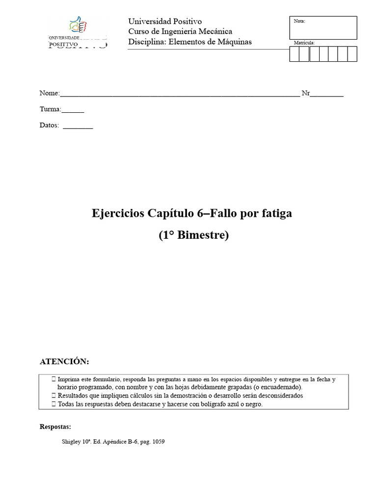 Ejercicios de Fatiga en Elementos de Máquinas | PDF | Fatiga (material ...