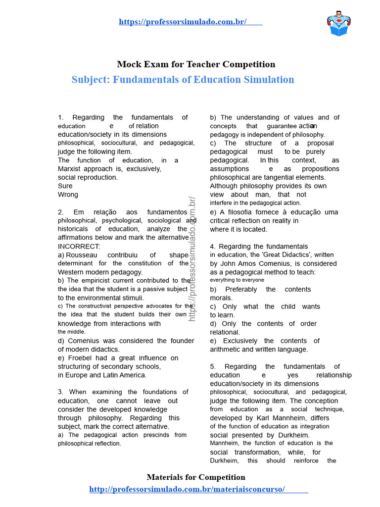40 Mock Test Fundamentals of Education. | PDF | Pedagogy | Knowledge