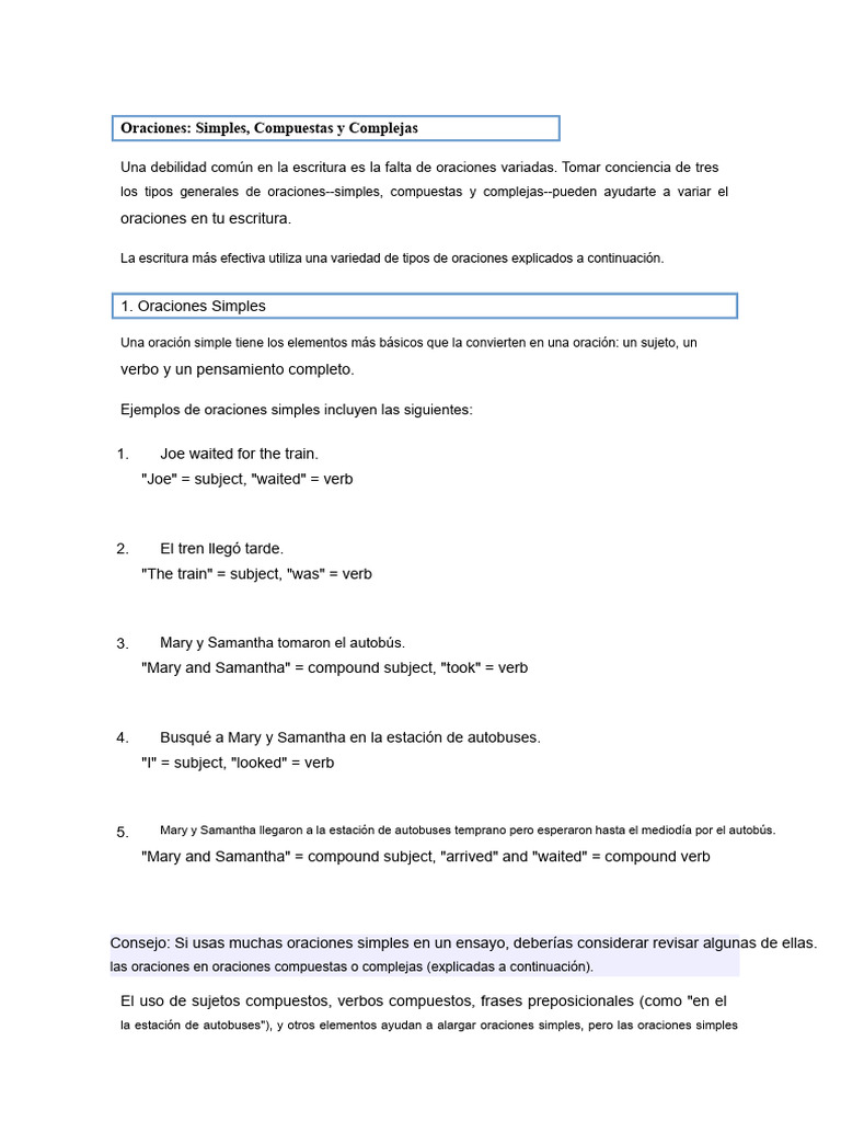 Tipos de Oraciones: Simples, Compuestas y Complejas | PDF | Oración ...