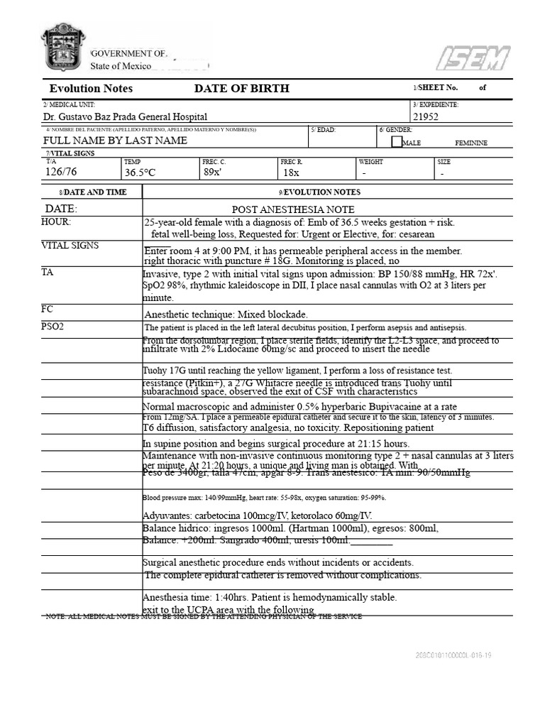 Post Anesthesia Notes for Cesarean Section | PDF | Medicine | Anesthesia