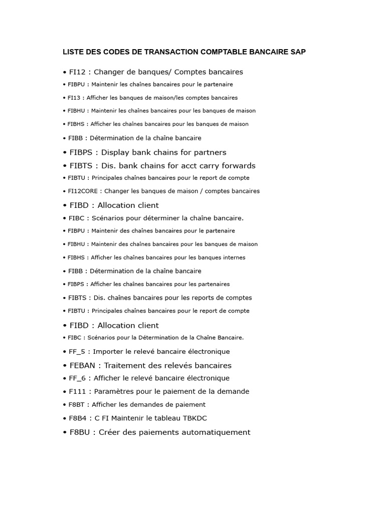 Codes de Transaction Comptable SAP | PDF | Banques | Secteurs du service