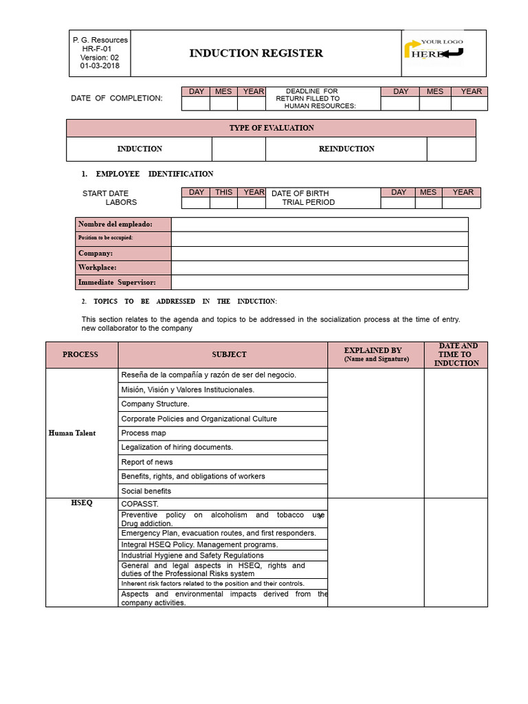 GRH-F-01 INDUCTION RECORD | PDF | Policy | Employment