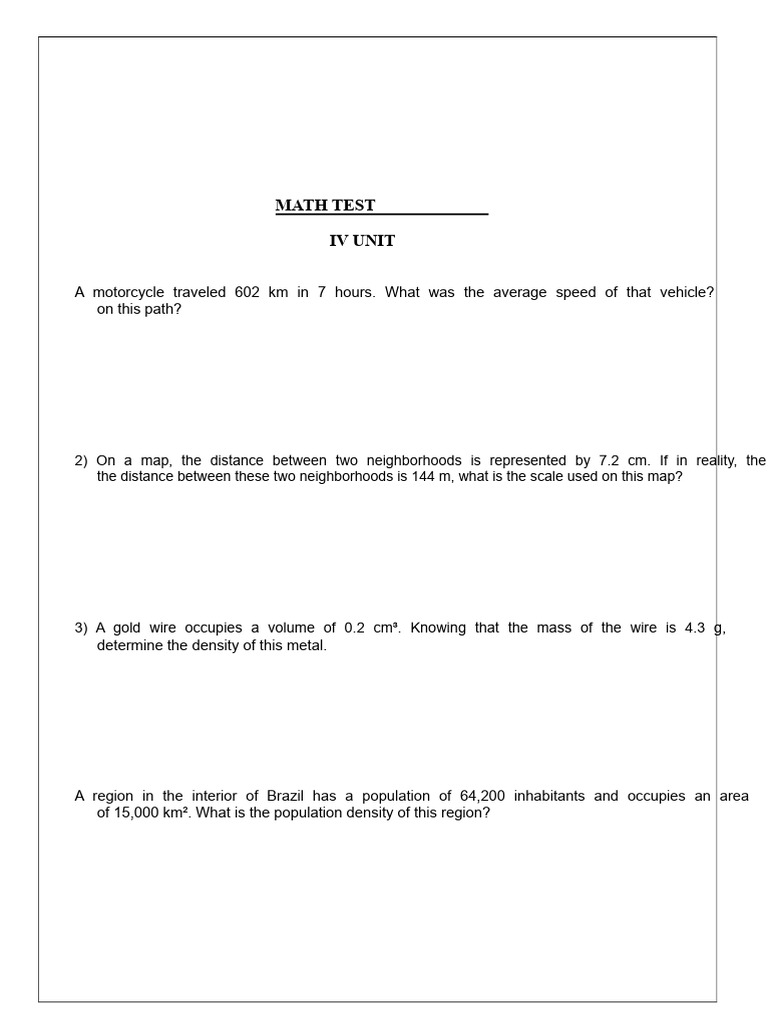 7th Grade Test - Mathematics - IV Unit - 2019 | PDF