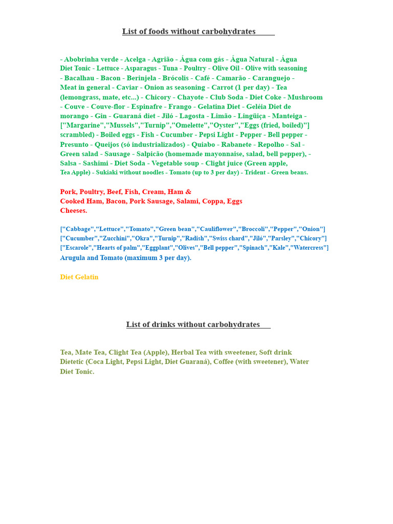 List of Foods Without Carbohydrates | PDF
