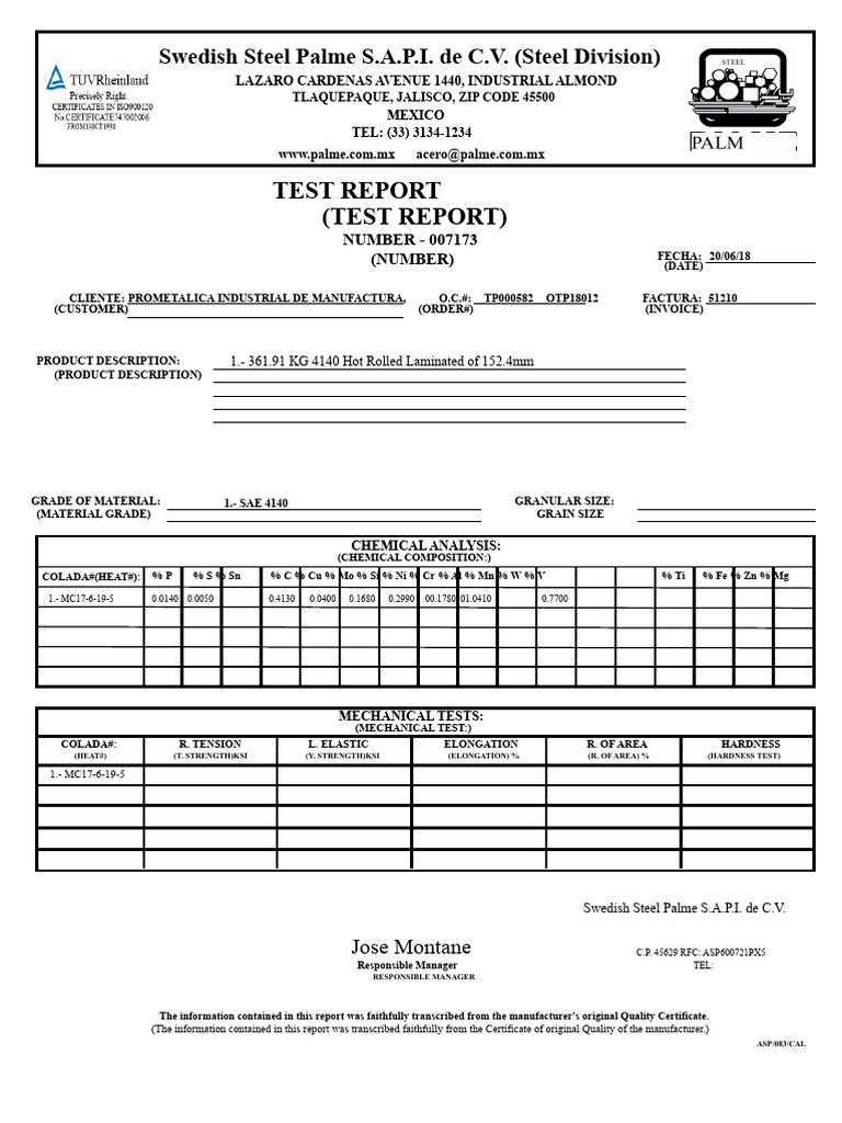 Swedish Steel Test Report 007173 | PDF | Secondary Sector Of The ...
