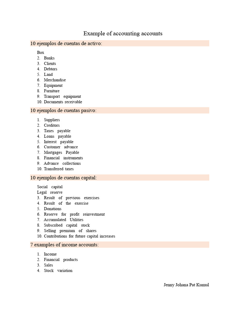 Examples of Accounting Accounts | PDF