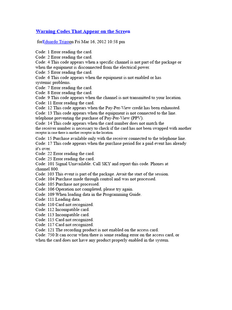 Warning Codes that Appear on the SKY Screen | PDF