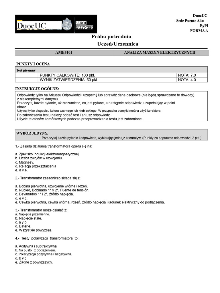 Test NR 1 Maszyny Elektryczne - T | PDF