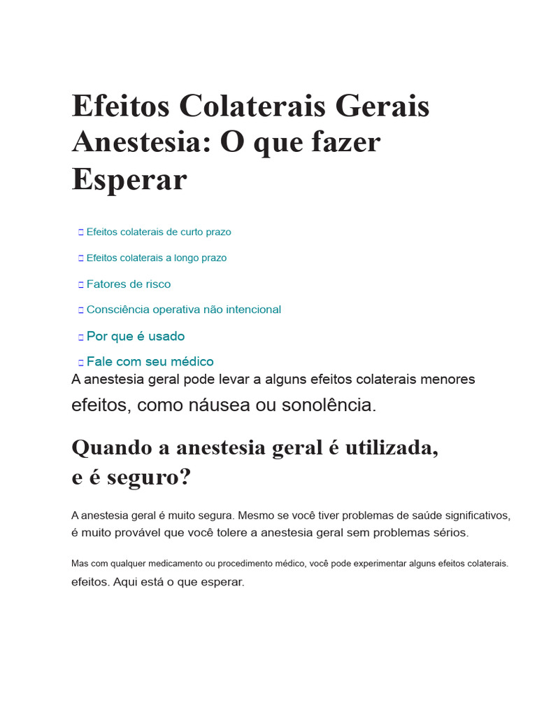 Efeitos Colaterais da Anestesia Geral | PDF | Anestesia | Remédio